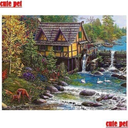 5D Diamond Painting Landscape Full square Round Diamond Embroidery village horse Waterfall Rhinestone Mosaic Needlework