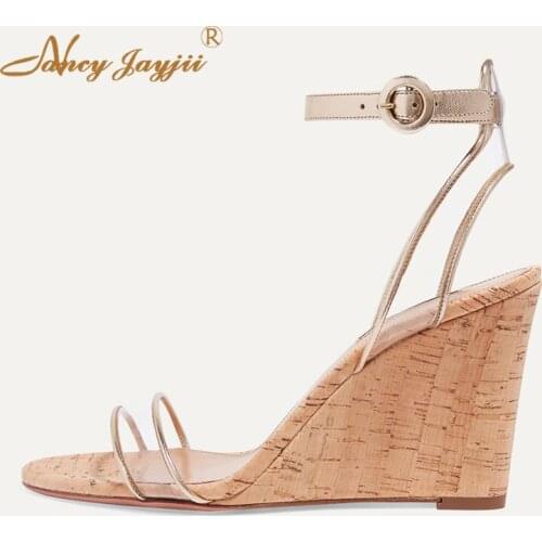 Wedges Sandals Golden Ankle Straps Cock Pattern Dress Casual Sweet Concise Dating Heels Shoes for Ladies Plus Size 15 16 Summer