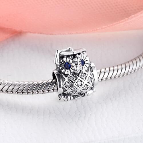 Graduation Charm S925 Silver With Blue Eye Owl Beads Fit Pandora Bracelet DIY Jewelry Gift for Women 02174