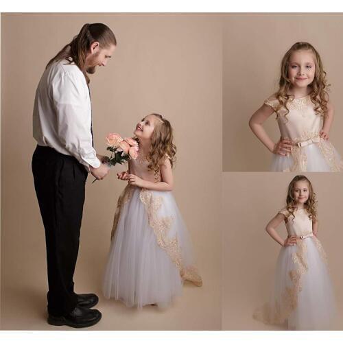 Flower Girl Full Dress Fancy Gauze Satin Face Lace Cover Sleeve Beauty Contest Girl Ball Full Dress White Ivory