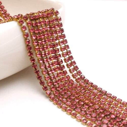 10Yard/Lot Bling Rose Pink Color Crystal Rhinestones Chain DIY Gold Base Claw Chain Rhinstone For Wedding Garment Art Decoration