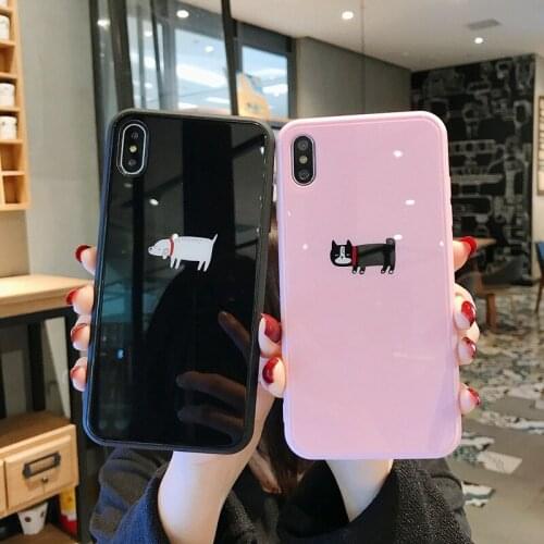 PEIPENG Simple Cute puppy case For iPhone 7 7Plus 6 6S 6Plus 8 8Plus X XR XS Max TPU Anti-fall Glass Straight edge phone case