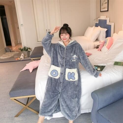 Yukata hot sale winter thick night gown cartoon hooded pajamas flannel casual fashion warm kimono plus size pijamas women 2020