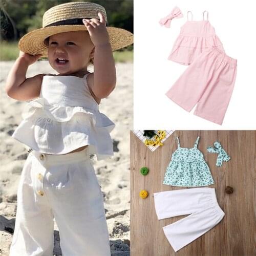 Summer Fashion Kids Baby Girls Outfits Sleeveless Sleeveless Ruffles Vest Tops Button Wide Leg Pants Headband 3Pcs Sets 6M-5Y