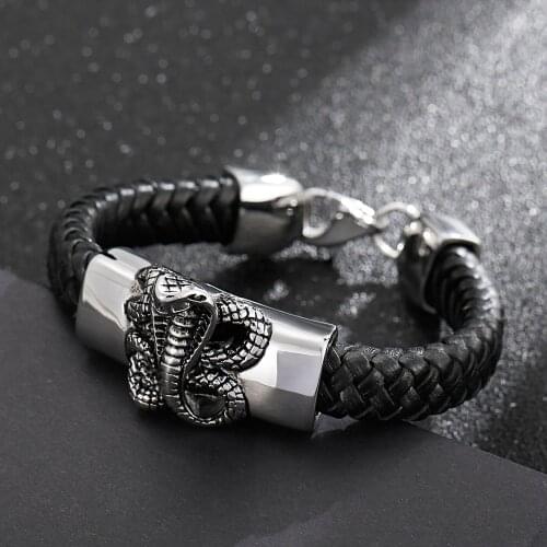 HaoYi 316 Stainless Steel Punk Style Cobra Leather Braided 220MM Mens Bracelet