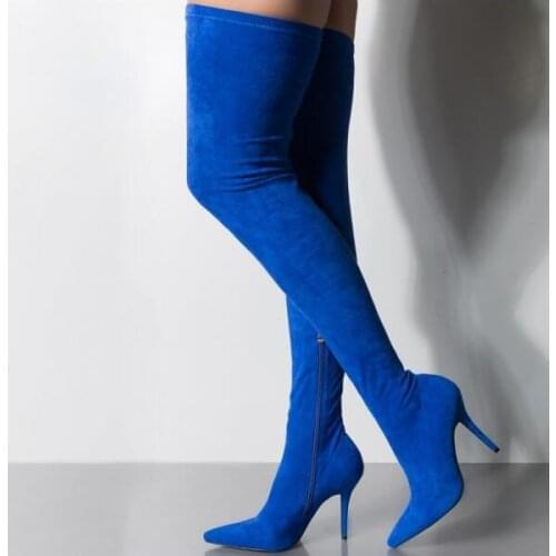Moraima Snc Royal Blue Suede Thigh High Heel Boots for Women Sexy Pointed Toe Over the Knee Boots Thin Heels Shoes