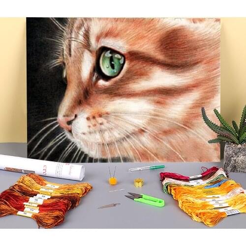 Cat Animal Printed Water-Soluble Canvas 11CT Cross Stitch Embroidery Set DMC Threads Knitting Needlework Craft Counted