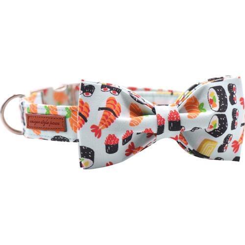 Sushi Blue Cotton Fabric Dog Collar and Leash Set with Bow Tie for Big and Small Dog Metal Buckle Pet Accessories