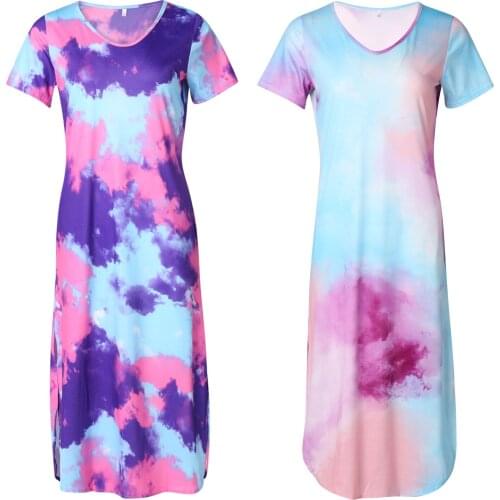 Women Color Block Dress, Adults Tie-dye Print Short Sleeve V-neck Side Pocket