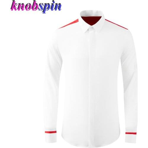 New Cotton Male Shirts Luxury Long Sleeve Red Webbing Splicing Casual Mens Dress Shirts Fashion Slim Fit Party Man Shirts 4XL