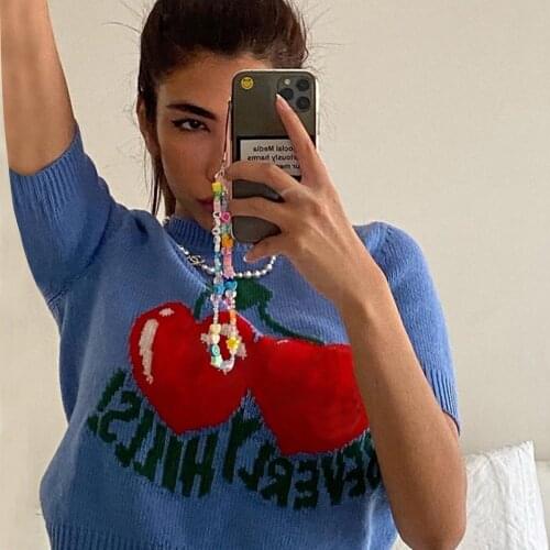 Vintage Blue Cherry Knitted T Shirt Women Summer Round Neck Short Sleeve Cotton T-shirts Femme Casual Streetwear Crop Top 2021