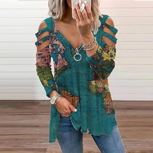 40# Vintage Printed Casual Blouses Women Zipper Long-sleeved V-neck Women Clothing Hollow Out Elegant Blouses For Women Roupas