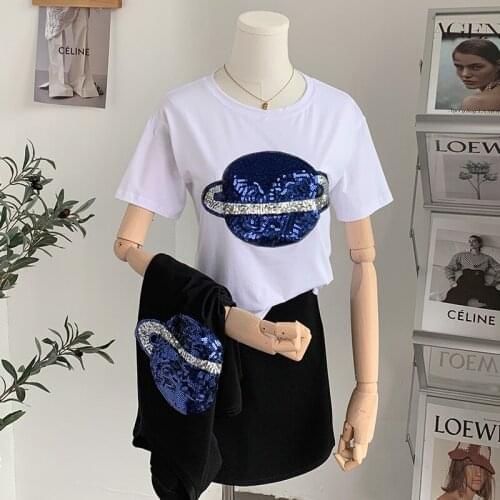 Gkfnmt Summer Cotton Short Sleeve Vintage Female T-shirt White Tshirt Women Tops Sequin Fashion Black Earth Tee Shirt Femme