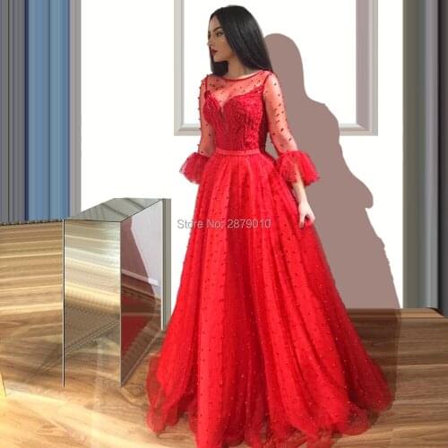Glamorous Red A-Line Evening Dress Floor-Length Beaded Prom Dress Robe De Soiree Aibye Middle East вечернее платье Arabia Dubai