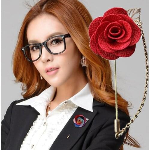 1 Piece Red Fashion Suit Suits Brooch Pins Brooches Men Wedding Women Rose Flower Gold Chain Leaf Corsage Lapel Pin Brooches