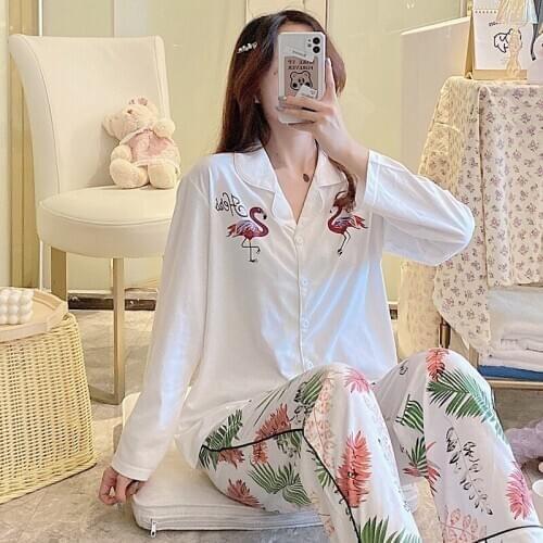 2020 Autumn Long Sleeve Cotton Pajama Sets for Women Cartoon Flamingo Sleepwear Suit Pyjamas Homewear Pijama Mujer Home Clothes