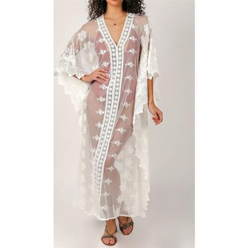 2021 Sexy See Through Embroidered Deep V-neck Bats Sleeve Loose Summer Beach Dress Plus Size Women Beachwear Maxi Dress N984