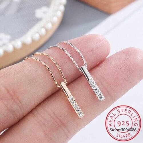 925 Sterling Silver Shiny Zircon Simple Long Strip Pendant Clavicle Chain Choker Necklace Gift For Girl Fine Jewelry NK084