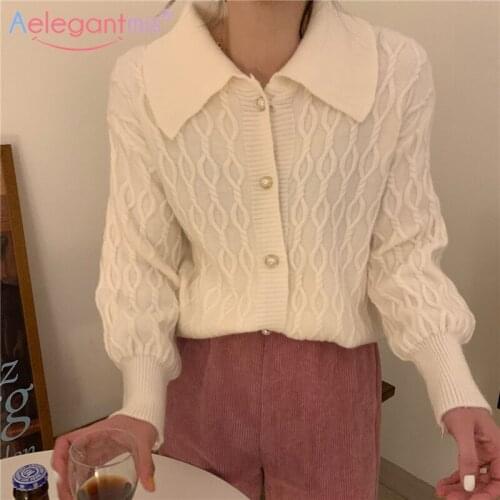 Aelegantmis Vintage Peter Pan Collar Cardigan Women Cozy Knitted Sweater Oversized Casual Korean Twist Jumpers Coats Chic 2021