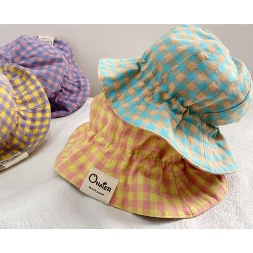 Double-sided Childrens Cap Lattice Elastic Bucket Hat Cotton Baby Girl Baby Boy Kids Hats For Children And For Newborn Baby