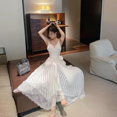 WTIANYUW Elegant Women Spaghetti Strap Dress Luxury Summer Chiffon Patchwork Lace White Lace Up Sexy V Neck Pleated Long Dress