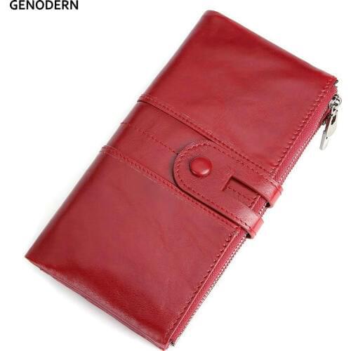 GENODERN RFID Genuine Leather Women Wallets Purse Lady Clutch Long Wallet with Zipper Coin Purse Womens Hasp Money Phone Bag