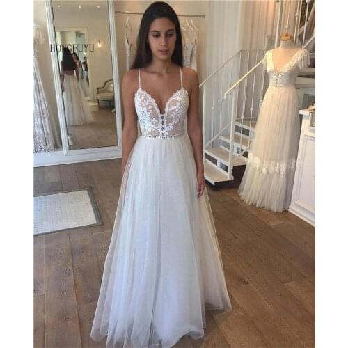 Hongfuyu Vintage Beach Wedding Dresses 2021 Tulle Long Lace Beach Bridal Gown A-Line Evening dresses robe de soirée de mariage