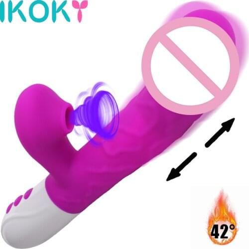 IKOKY Telescopic Rotating Dildo Vibrator Vagina G Spot Stimulate Vibrators 7 Modes Vibration Clitoris Sucking Heating 3 In 1