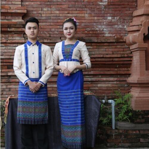 Southeast Asian Hotel Waiter Cashier Uniform Island Country Beach Waitress costume Spring Autumn Restaurant Workwear Suits Blue