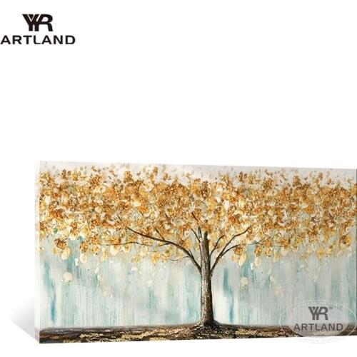 Beautiful scenery wall painting Hand drawn Gold foil money tree oil painting on canvas artwork hanging picture for living room