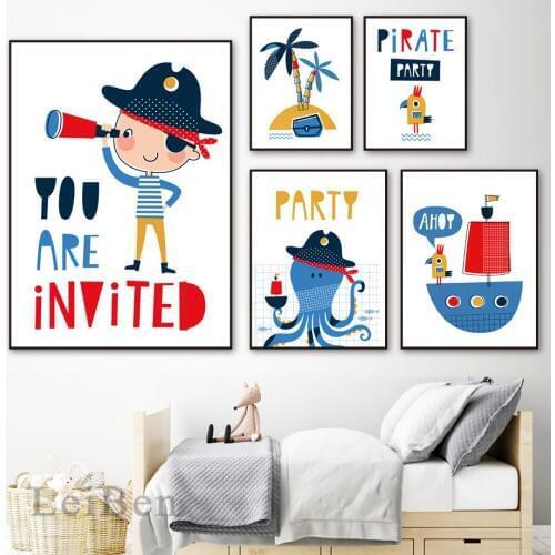 Cartoon Sailor Boy Poster Octopus Boat Nursery Wall Art Canvas Painting Nordic Prints Wall Pictures Baby Kids Room Cuadros Decor