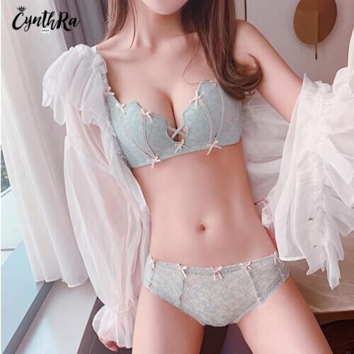 CYNTHRA Underwear Womens Lace Sexy Cute Kawaii Gathering Push Up Comfort Wireless Beauty Back Ladies Bra And Panty Lingerie Set