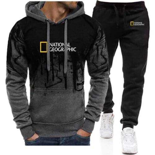 2021 New National-Geographic Print 2 Pieces Survey Expedition Scholar Tracksuit Hooded Sweatshirt+Pants Coats Sportwear Suit