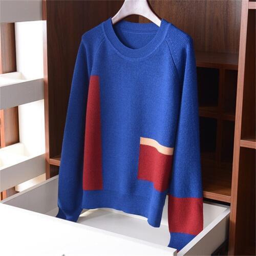 New arrival pure wool Oneck knit women fashion patchwork thick pullover sweater S-L retail wholesale