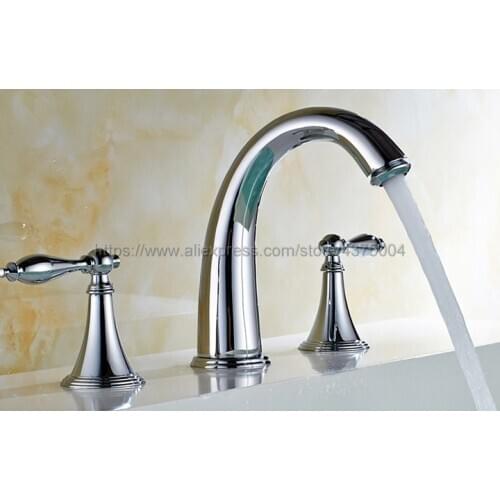 Polished Chrome Double Handle Basin Faucet Deck Mounted Bathroom Tub Sink Mixer Taps Widespread 3 Holes Nnf433