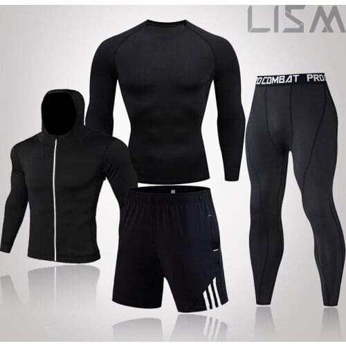 4 Piece Track Suit Men Running Sports Sets MMA Compression Sportswear Rash Guard Male Bodybuilding T-Shirt Pants Man Training