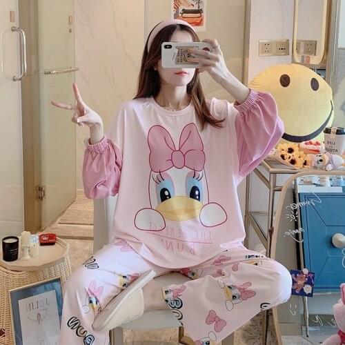 Student ins style Womens pajamas female spring autumn pink duck cartoon cute long-sleeved trousers plus size suit Homewear