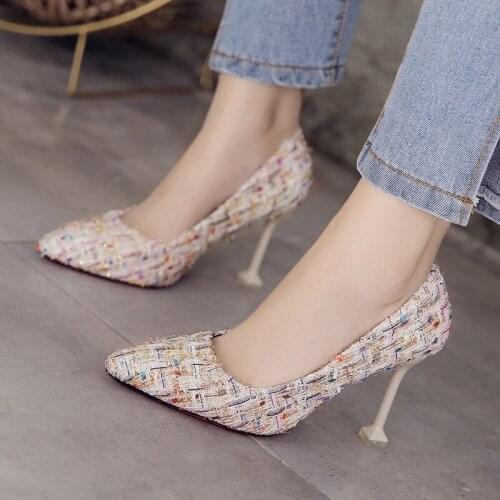 Women Dress Shoes Tweed Pumps Supper High Heels Ladies Shoes Ol Office Lady Shoes Plaid Wool Basic Pumps zapatos mujer N7798L