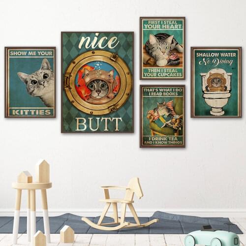 Mental Cat Vintage Poster Show Me Your Kitties Art Print Nice Butt Funny Canvas Painting Shallow Water Wall Picture Home Decor