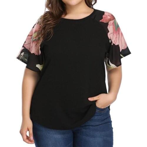 Summer Floral Print Splicing Tshirt Tops Women O-Neck Top T-Shirts Summer Loose O-Neck Short Sleeve Blouse Plus Size XL-4XL