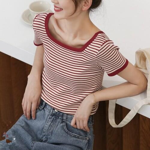 Red Striped Square Collar Summer T-Shirts Women Short Sleeve Casual Knitted Tops Slim Vintage Harajuku Shirts Streetwear