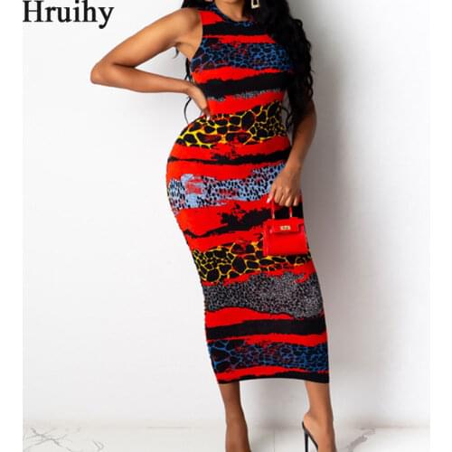 Women Clothes Leopard Print High Waist Elegant Fashion Bodycon Dress Summer O Neck Sleeveless Sexy Party Maxi Dresses for Women