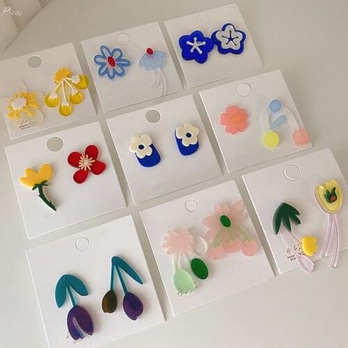 AOMU 2021 Korea New Colorful Asymmetric Acrylic Flower Tulip Earrings for Women Girls Bohemia Beach Dangle Drop Earrings Jewelry