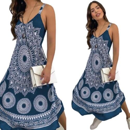 Womens Sieeveless Pullover Fasion Off Shoulder Vintage Ethnic Print Flowy Beach Dresses Sexy Summer Maxi Dress