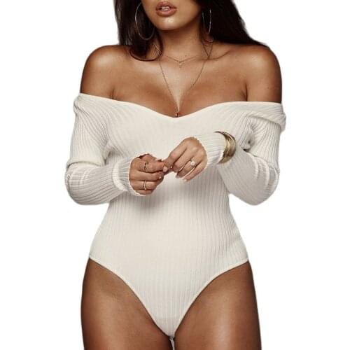 Women White Sexy Skinny Stretch Bodysuit Long Sleeve V-Neck Red Bodycon Black Off Shoulder One Piece Fitness For Female