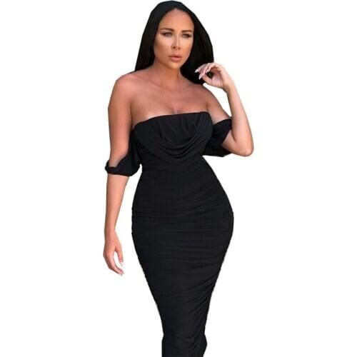 Women Off The Shoulder Pleated Dress 2020 Summer Solid Color Slash Neck Slim Elegant Party Club Dress Vestidos