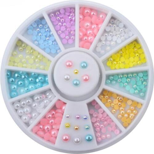 1 Box Multi-color Pearl Flat Back Glitter Beads Stud Wheel DIY Phone Manicure 3D Nail Art Tips Decoration Tools Jewelry 2mm,3mm