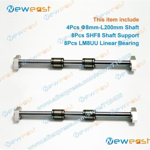 4Pcs diameter 8mm x 200mm Linear Shaft Hardened Rod + 8Pcs SHF8 8mm shaft rail support + 8Pcs LM8UU bearing