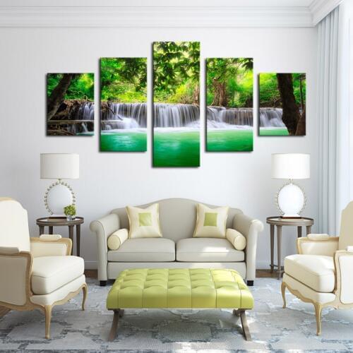 Unframed 5 Panels Green Waterfall Scenery Canvas Print Oil Painting Modern Canvas Wall Art for Wall Pcture Home Decor Artwork