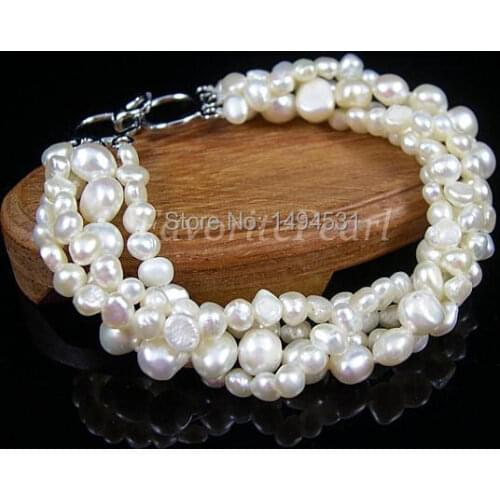 Wholesale Pearl Jewelry - 7.5 Inches 4 Strands 4-5mm And 7-8mm White Color Natural Freshwater Pearl Bracelet - Free Shipping